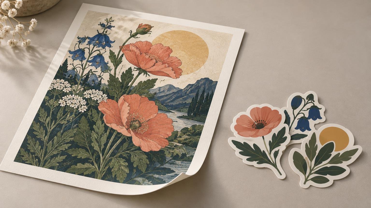 A botanical landscape art print with coral poppies, blue bell-shaped flowers, mountains, and a golden sun lies on a neutral tabletop beside matching die-cut floral stickers.