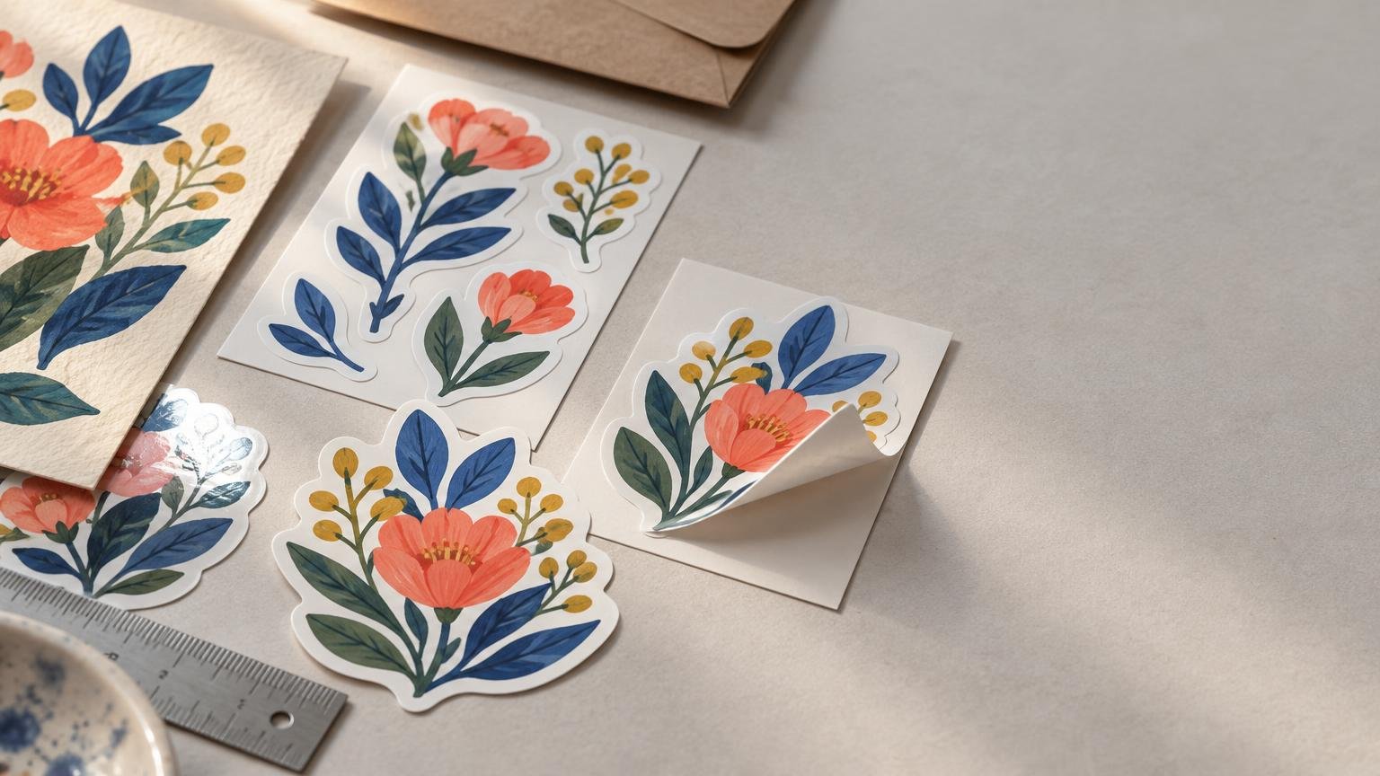 Editorial tabletop photograph of floral illustrated stickers, sticker sheets, a textured art print, kraft envelopes, and a metal ruler under soft directional light; one large flower sticker is partly peeled from its backing sheet.