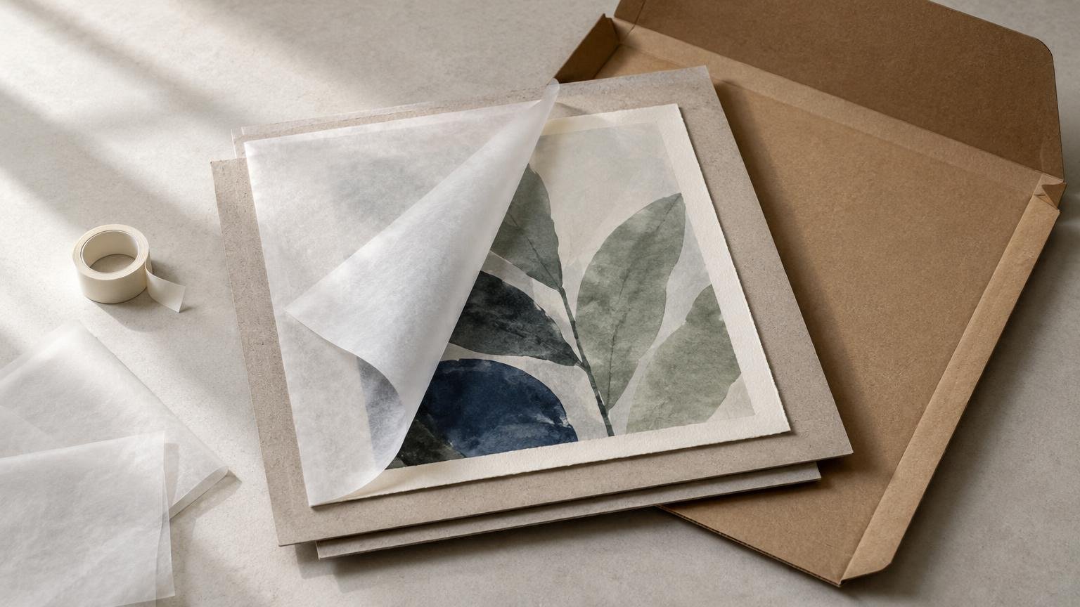 Art print with a muted leaf design partly covered by translucent protective tissue, stacked between rigid boards beside an open kraft cardboard mailer and a roll of tape.