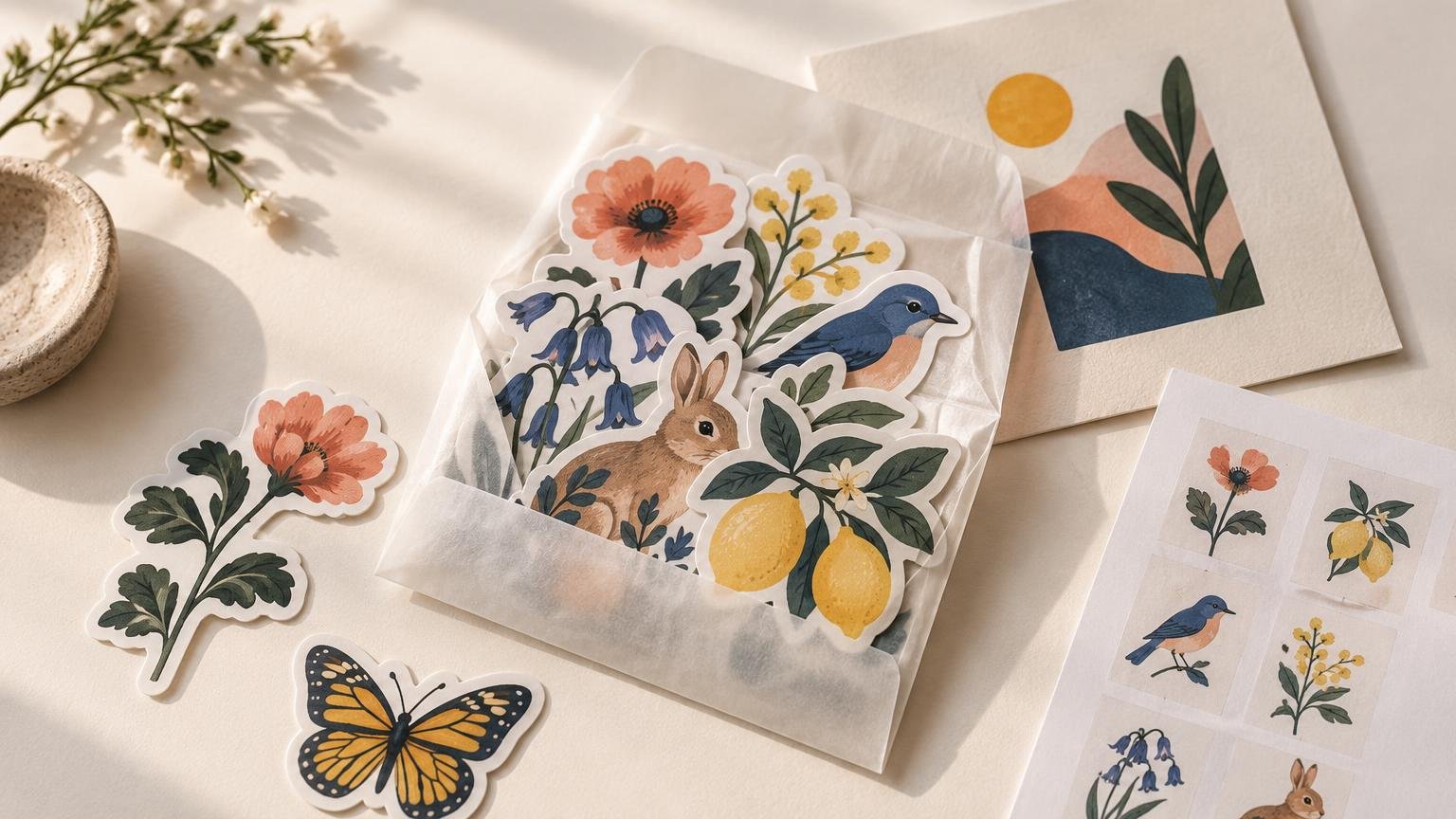 Studio-lit flat lay of a translucent paper sleeve filled with illustrated floral, bird, rabbit, lemon, and butterfly stickers, with a matching art print and sticker sheet on a cream surface.