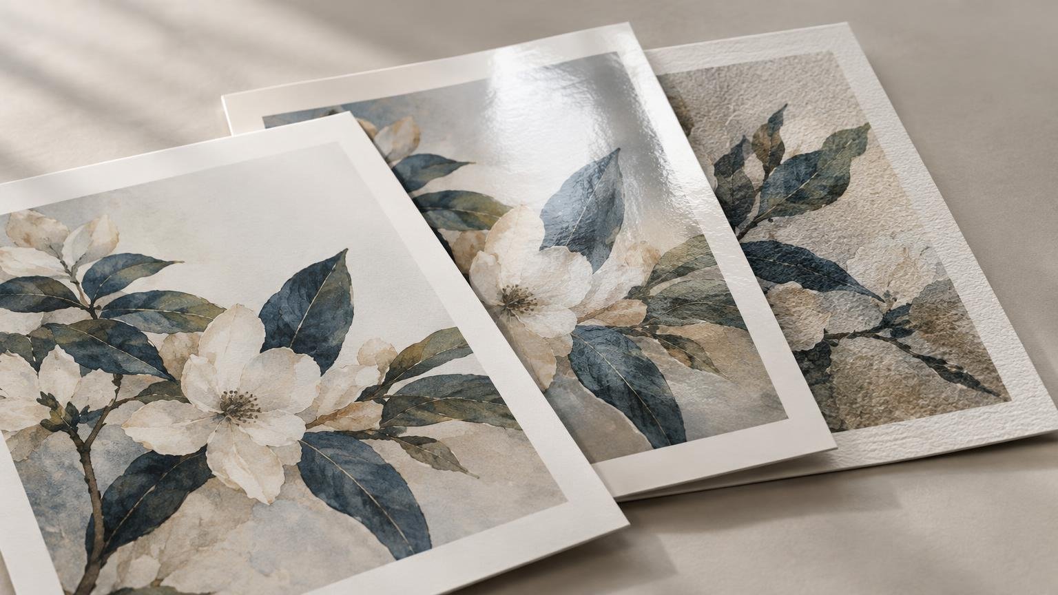 Three overlapping botanical art prints with white borders, showing matte, glossy reflective, and heavily textured paper surfaces under soft studio light.