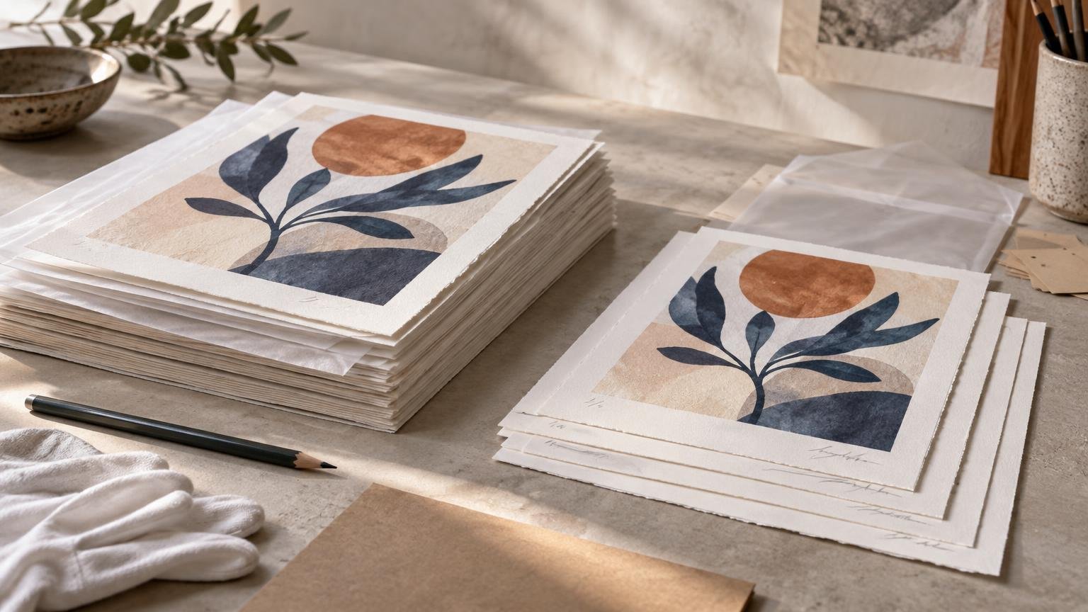 Studio-lit tabletop with stacks of deckle-edged art prints featuring an abstract plant and orange sun design, beside loose sheets, a pencil, cotton gloves, and packaging materials.