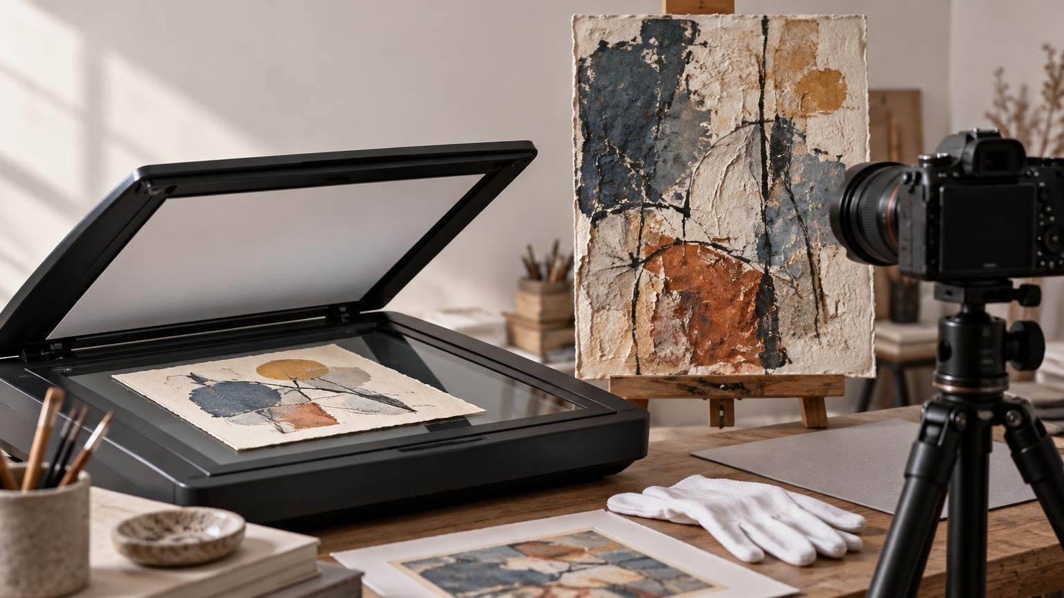 Open flatbed scanner holding a small abstract paper artwork beside a camera on a tripod and a larger textured abstract painting on an easel in a softly lit studio.